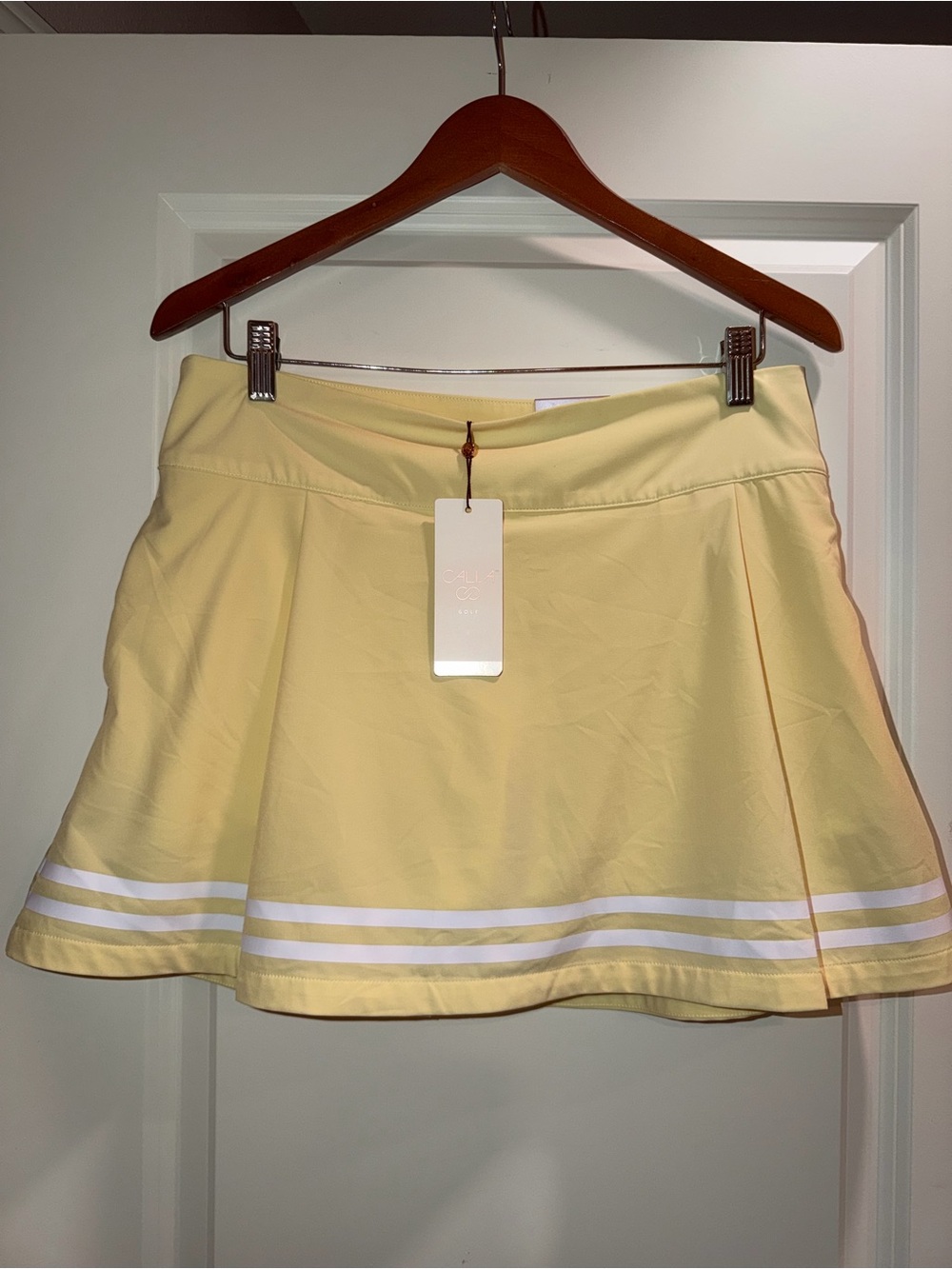 CALIA by Carrie Underwood Pale Yellow Tennis Skirt with White Stripes